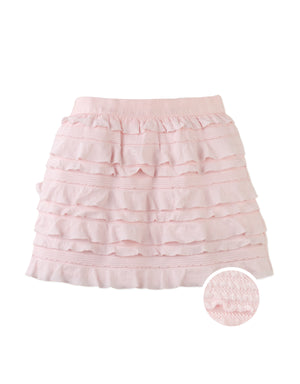 Campaign photo of the Maisie Jersey Skorts with All-Over Ruffles from the Pastel Cherry Chic for Girls collection, featuring