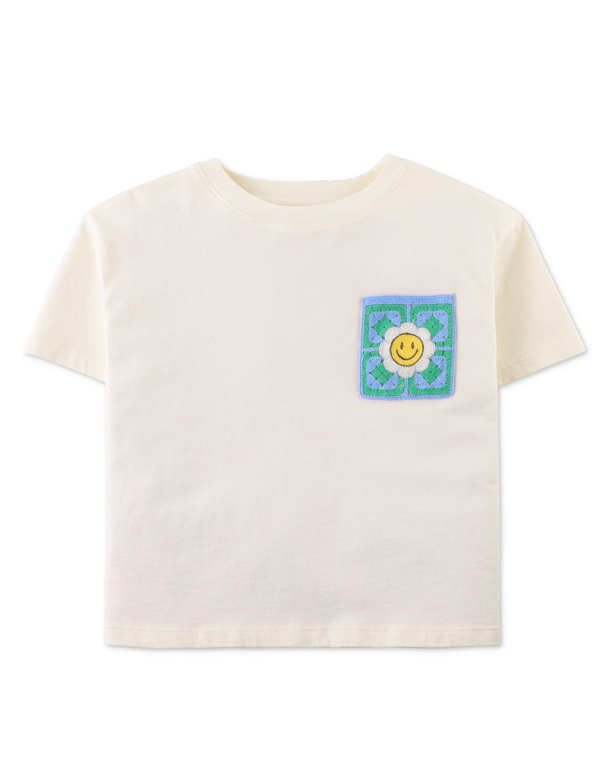 GIRLS SMILEY CROCHET PATCH POCKET TEE