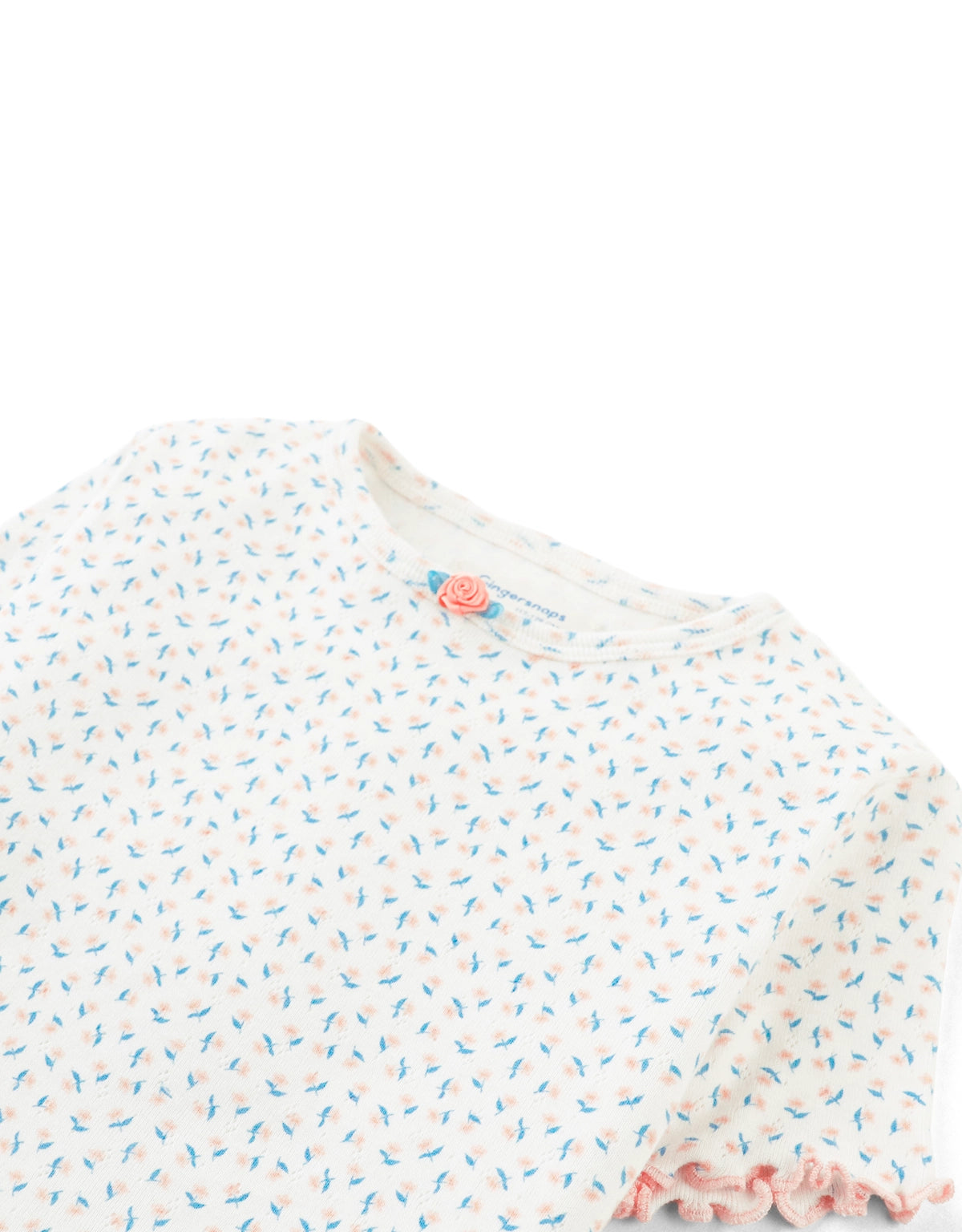 Anya Pointelle Tee with All-Over Floral Print and Satin Bow in Off-White