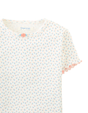 Anya Pointelle Tee with All-Over Floral Print and Satin Bow in Off-White close-up detail