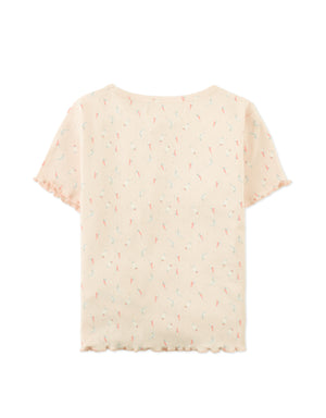 Anya Pointelle Tee with All-Over Floral Print and Satin Bow in Peach outfit styling