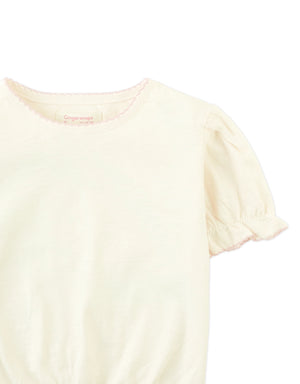Nina Puff Sleeves Tee with Picot Edge Details in Off-White close-up detail
