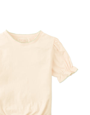 Nina Puff Sleeves Tee with Picot Edge Details in Peach close-up detail
