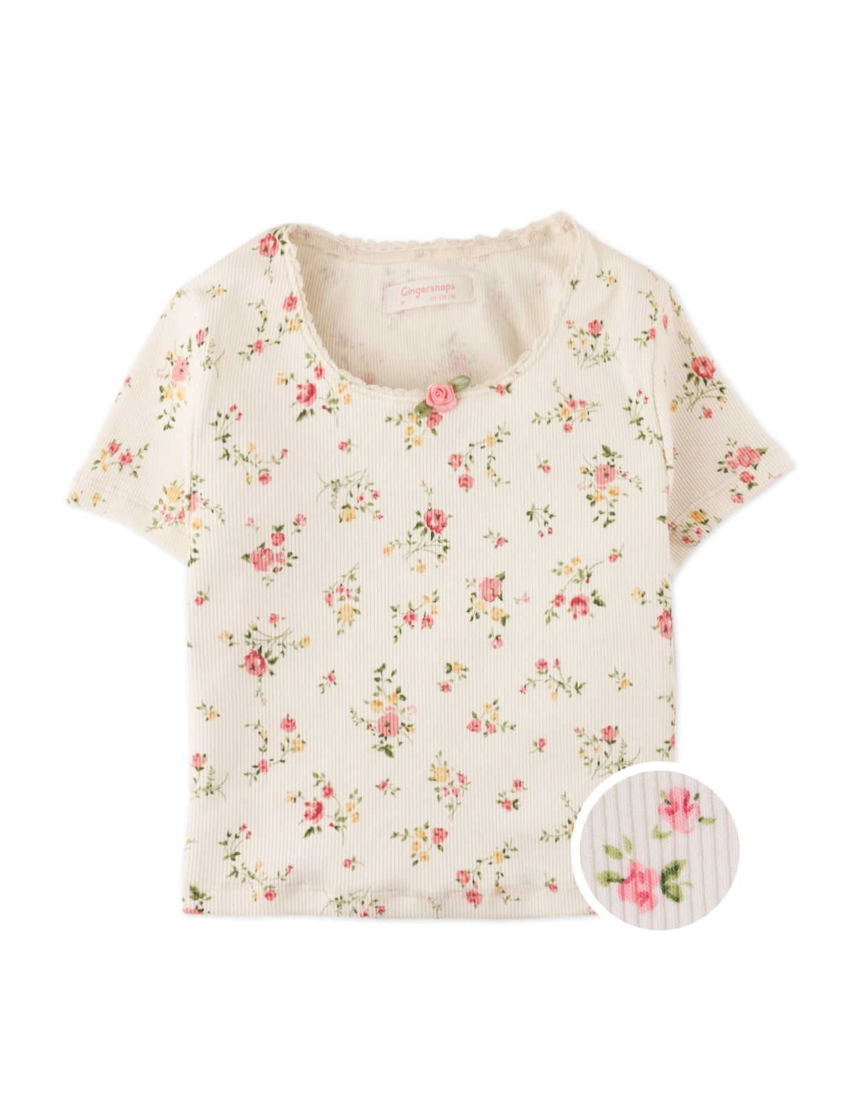 DARA ALL-OVER PRINT TOP WITH LACE AND ROSETTE DETAILS