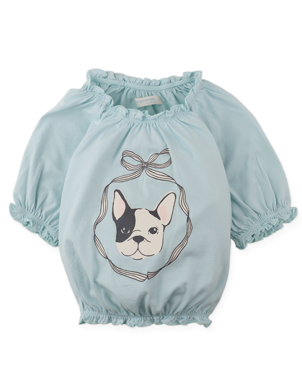 Details front photo of Maru T-Shirt with puff sleeves and dog graphics, showing playful dog graphic print and softly gathered puff sleeves, from the Holiday collection of Filipino kids fashion brand Gingersnaps Philippines.