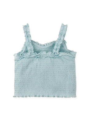 Details back photo of Gigi Fully Smocked Tank Top with set-in ruffles in pastel blue, showing elasticized smocking and clean