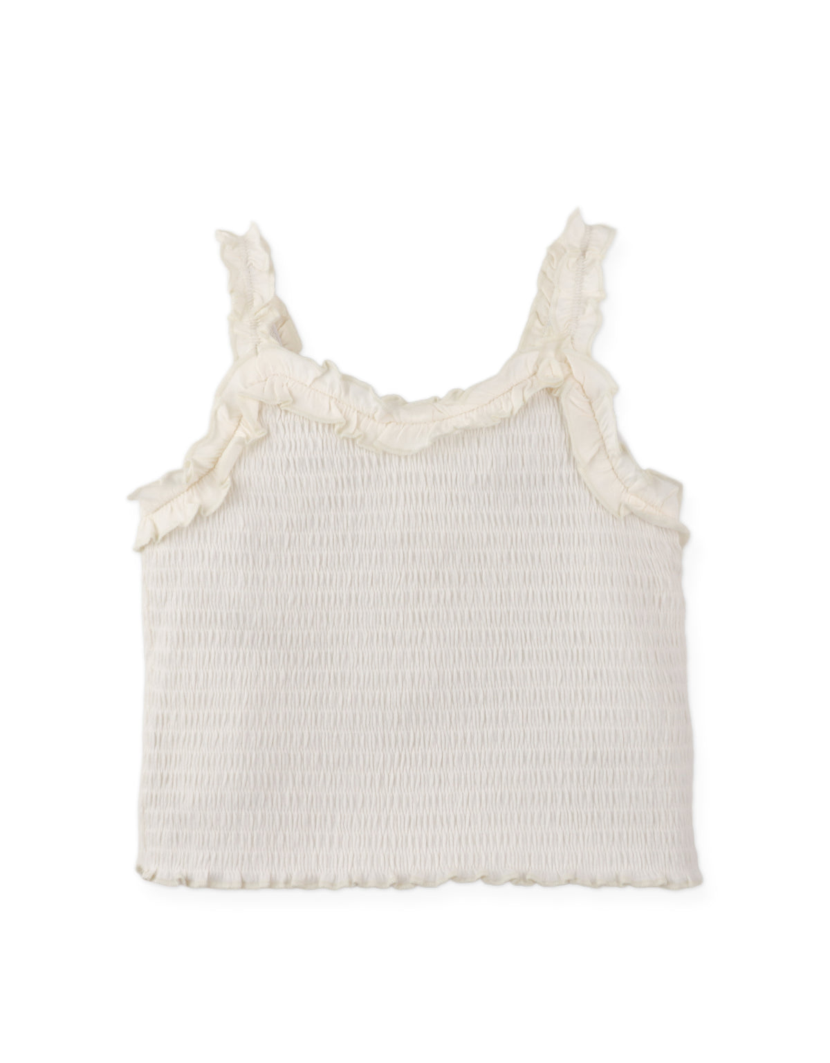 Details front photo of Gigi Fully Smocked Tank Top with set-in ruffles in off-white, showing textured smocking and delicate ruffle accents, from the Holiday collection of Filipino kids fashion brand Gingersnaps Philippines.