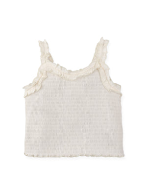Details front photo of Gigi Fully Smocked Tank Top with set-in ruffles in off-white, showing textured smocking and delicate ruffle accents, from the Holiday collection of Filipino kids fashion brand Gingersnaps Philippines.
