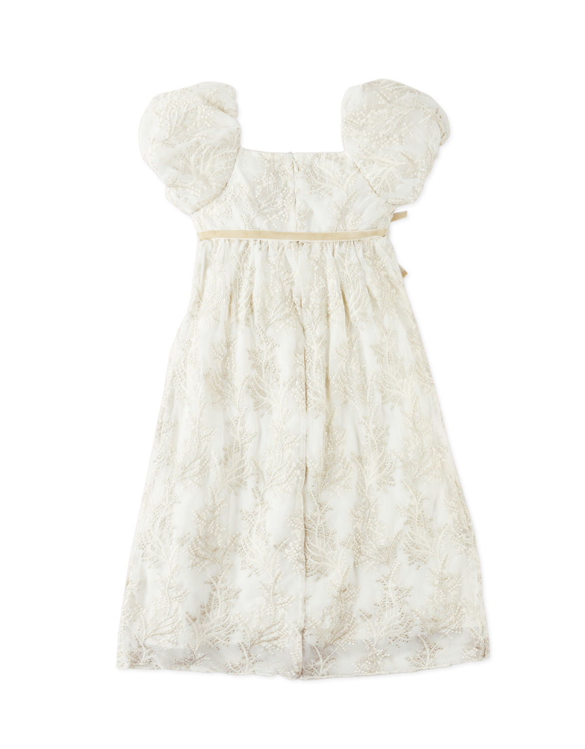 LAYLA EMBROIDERED EMPIRE CUT DRESS WITH PUFFED SLEEVES AND VELVET TIES