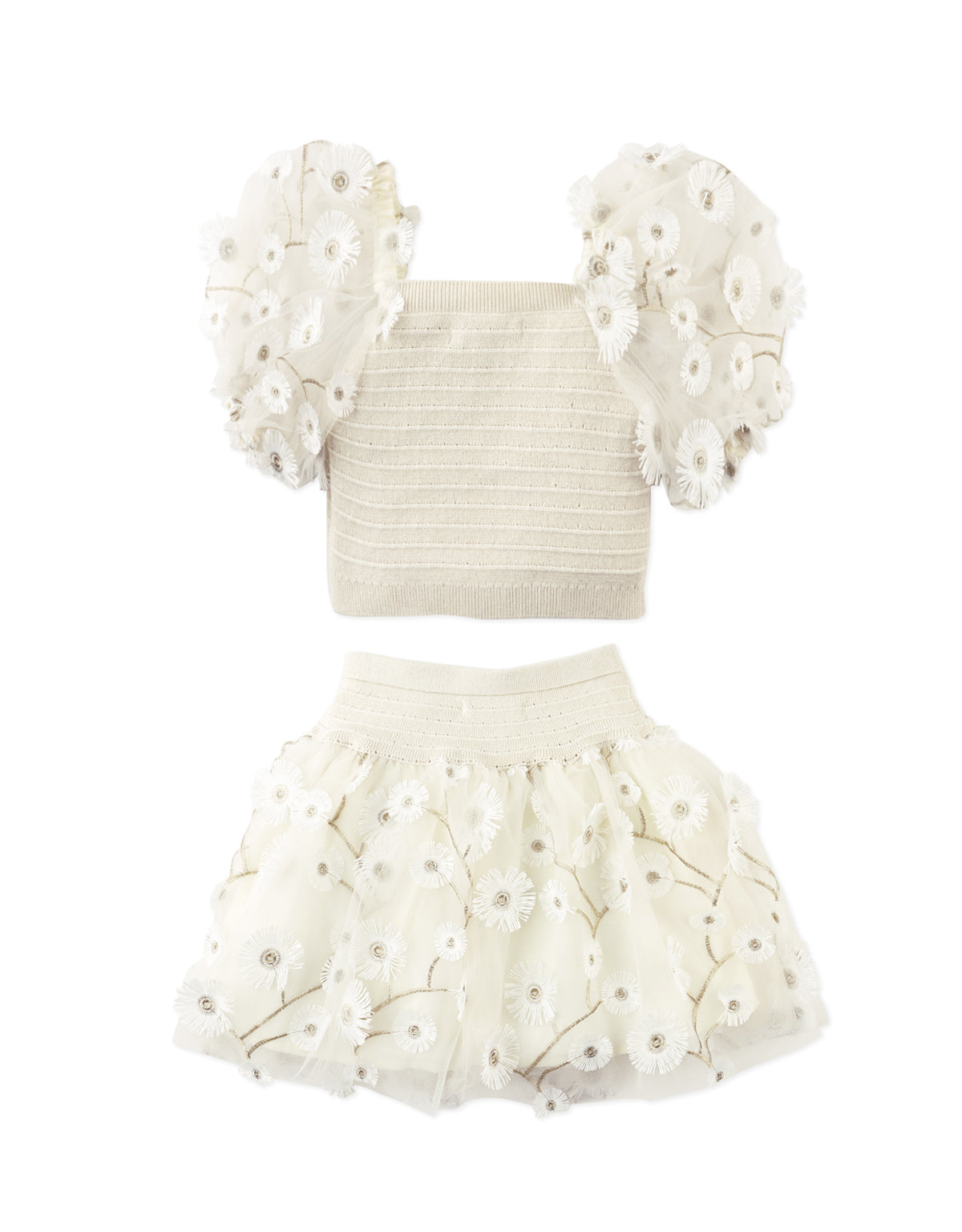 DOLORES BODICE AND SKIRT SET WITH FLORAL APPLIQUE ON TULLE BUBBLE SLEEVES