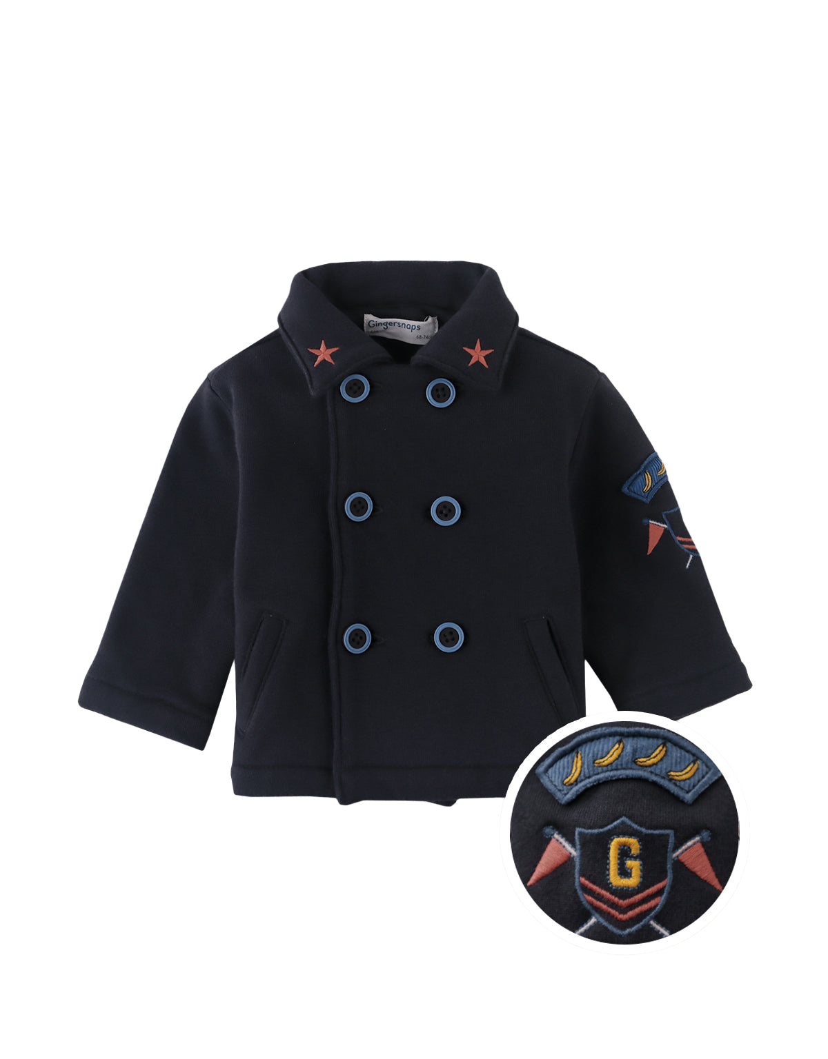 BABY RONALD DOUBLE-BREASTED COAT GRAY WITH PATCHES AND DIRECT EMBROIDERY
