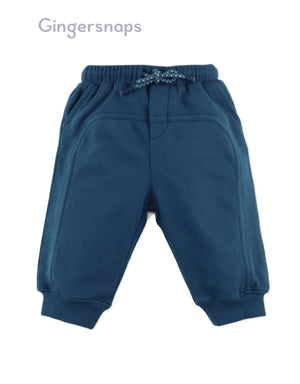 Full front catalog image of the Wes Curved Panel Jogger Pants in blue worn by young boy model from the streetwear-inspired collection of Gingersnaps Philippines.