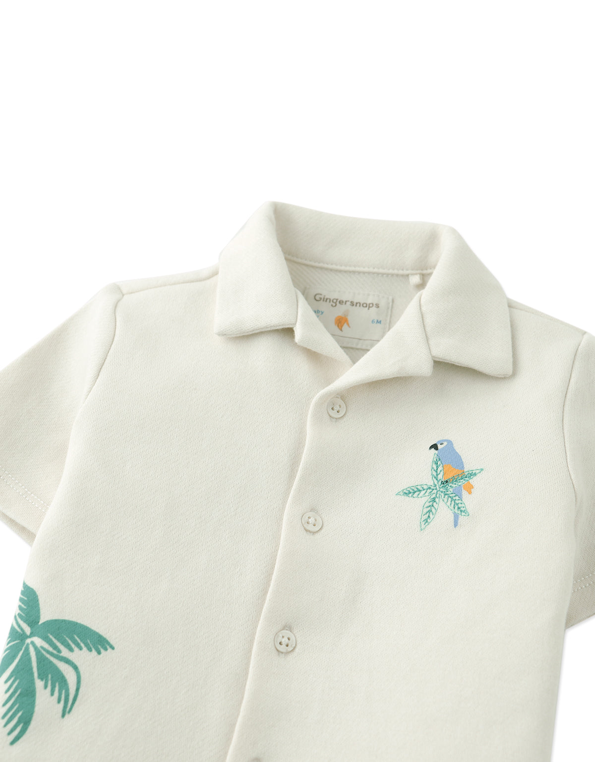 BABY CHRISTOPHER TWILL JERSEY BUTTON DOWN SHIRT WITH MACAW EMBROIDERY & PALM PRINT