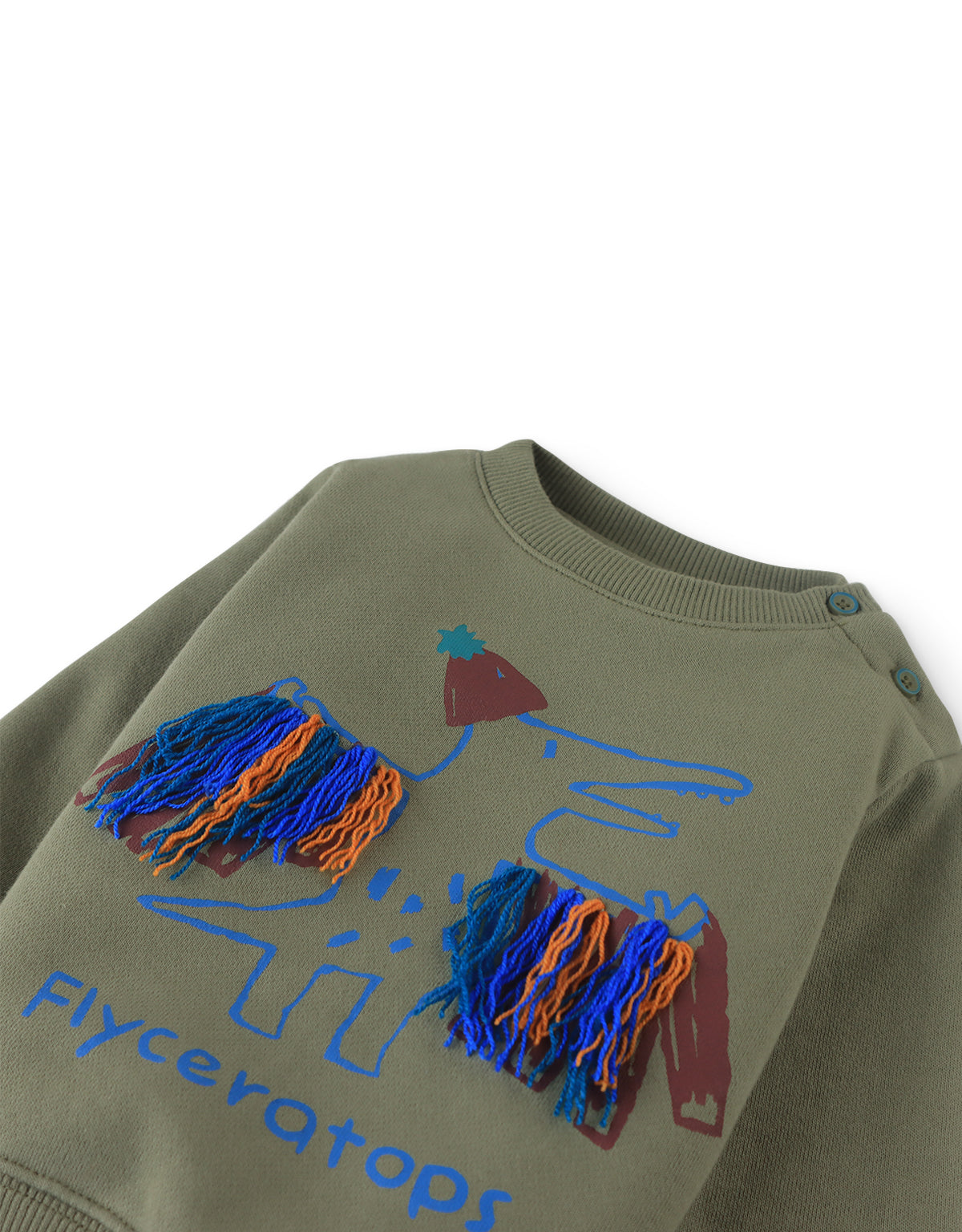 BABY FINCHER SWEATSHIRT ELM WITH FLYCERATOPS PRINT AND YARN CORD ACCENTS