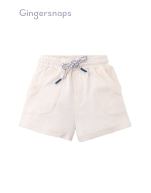 Full front catalog image featuring the Lenny Pull-On Shorts with Ribbed Details worn by young boy model from the streetwear-inspired collection of Gingersnaps Philippines.