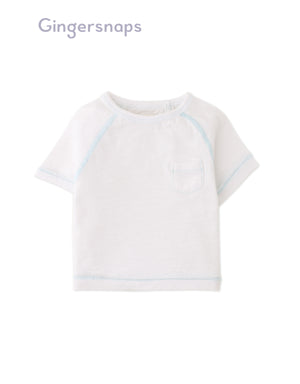 Full front photo of Baby Kevin Jersey Raglan Tee in white showing soft cotton slub fabric and easy-fit raglan sleeve design, from the Holiday collection of Filipino kids fashion brand Gingersnaps Philippines.