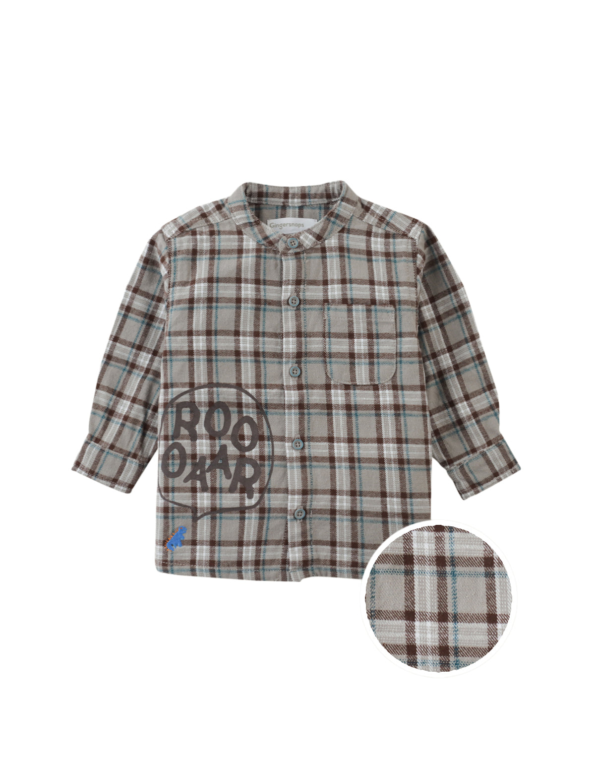 BABY DAMON LONG SLEEVES SHIRT RUSTWOOD WITH MANDARIN COLLAR, POCKET, AND DINO PRINT DETAILS