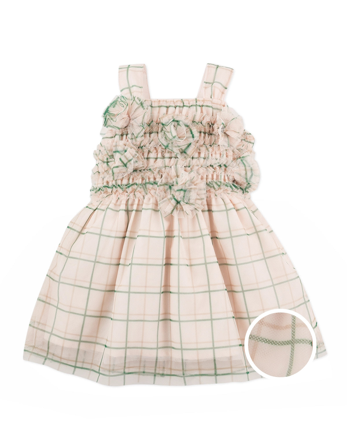 BABY JEANETTE SMOCKED DRESS PEACH GRID WITH FLOWER APPLIQUE