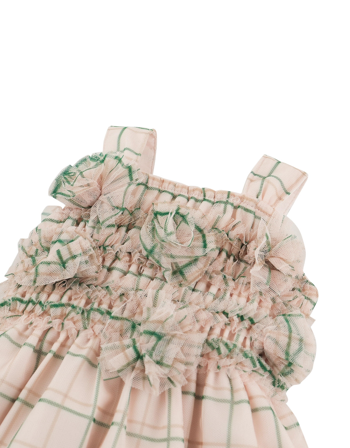 BABY JEANETTE SMOCKED DRESS PEACH GRID WITH FLOWER APPLIQUE