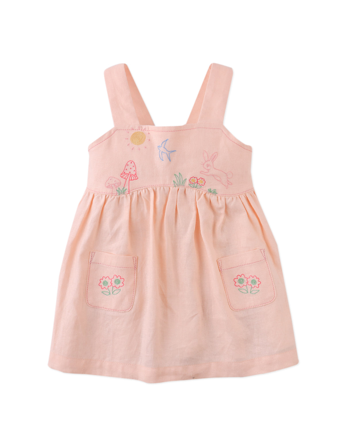 Campaign photo of the Baby Kayla Apron Dress with Bunny Embroidery for infant girls from the Spring Summer collection of Filipino kids fashion brand Gingersnaps Philippines, featuring playful bunny embroidery and an easy-on apron silhouette.