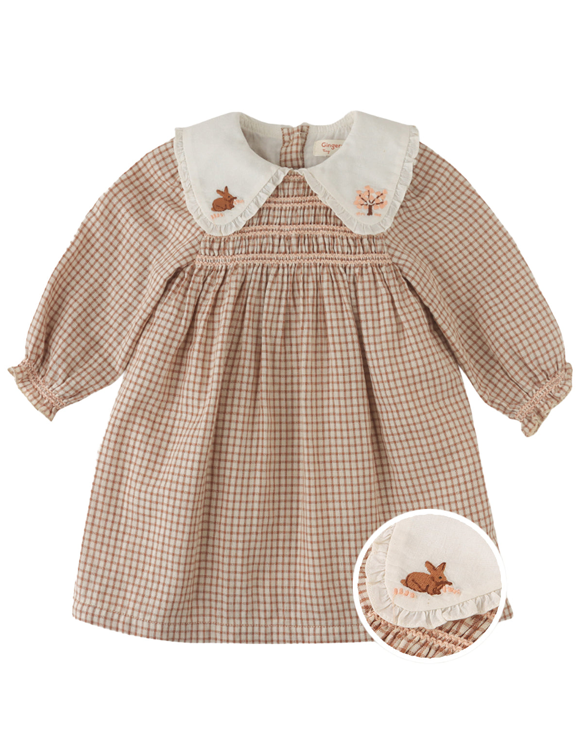 BABY JONESY SMOCKED DRESS SUTHERLAND WITH BUNNY AND TREE EMBROIDERY ON THE COLLAR