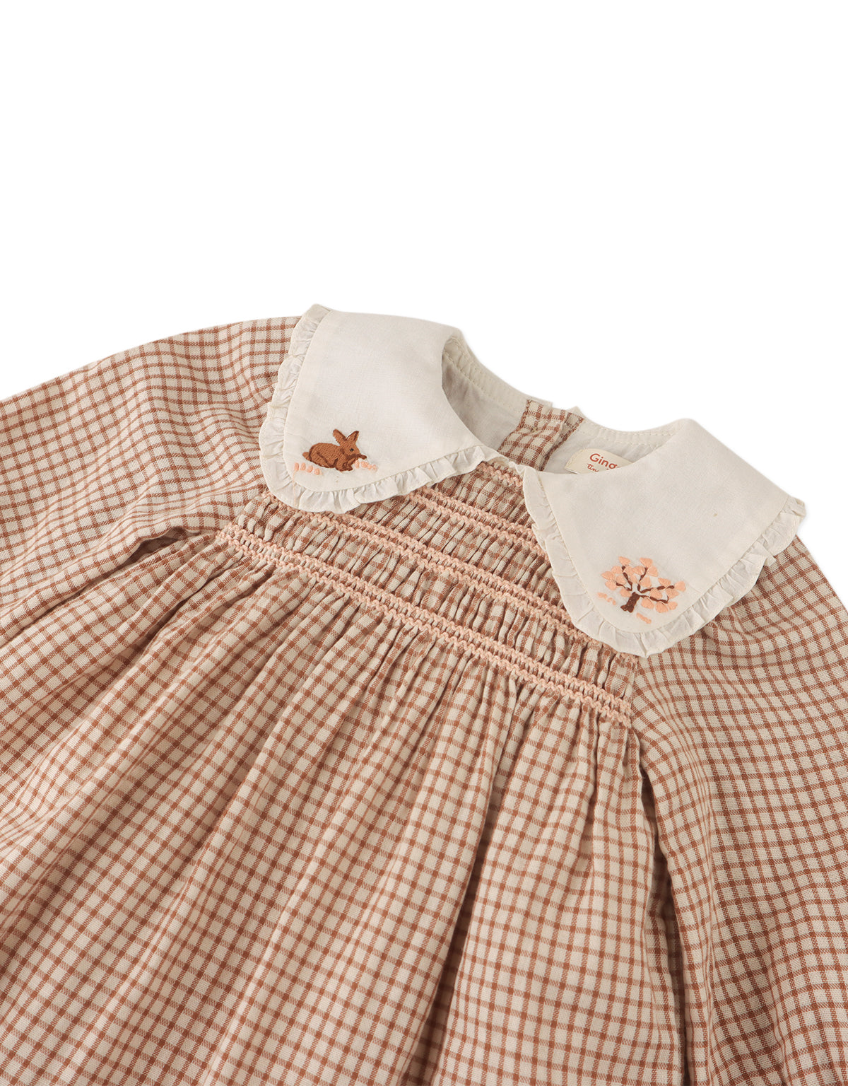 BABY JONESY SMOCKED DRESS SUTHERLAND WITH BUNNY AND TREE EMBROIDERY ON THE COLLAR