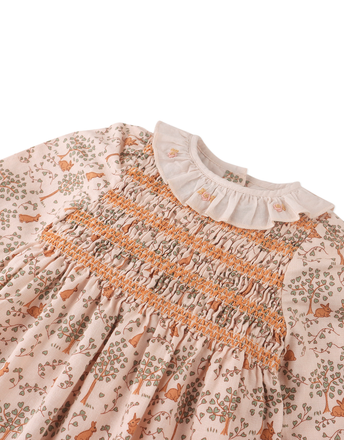 BABY TRIXIE SMOCKED DRESS BUNNYMEADOWS WITH RUFFLE COLLAR AND ROSE BULLION EMBROIDERY DETAILS