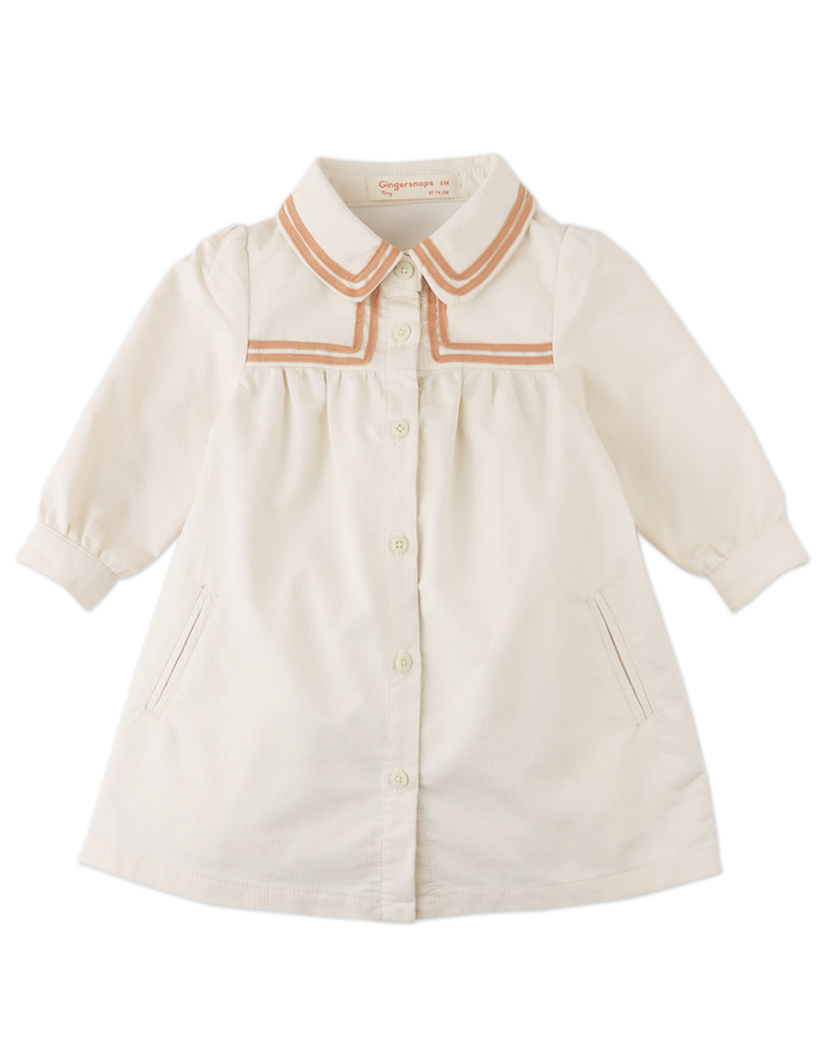 BABY PETRA LONG SLEEVES SHIFT DRESS EGGNOG WITH COLLAR AND CONTRAST RIBBON TAPE TRIM