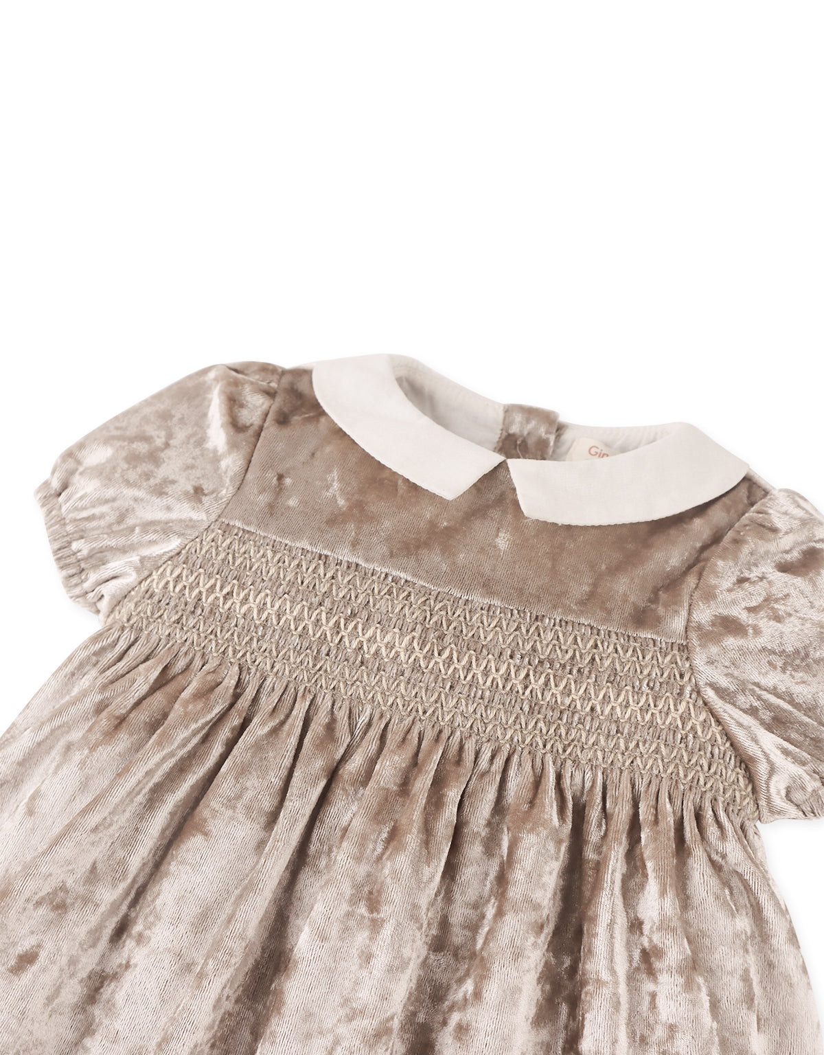 BABY SELINA SHORT SLEEVES SMOCKED DRESS GOLDSANDS WITH COLLAR AND EMBROIDERY DETAILS