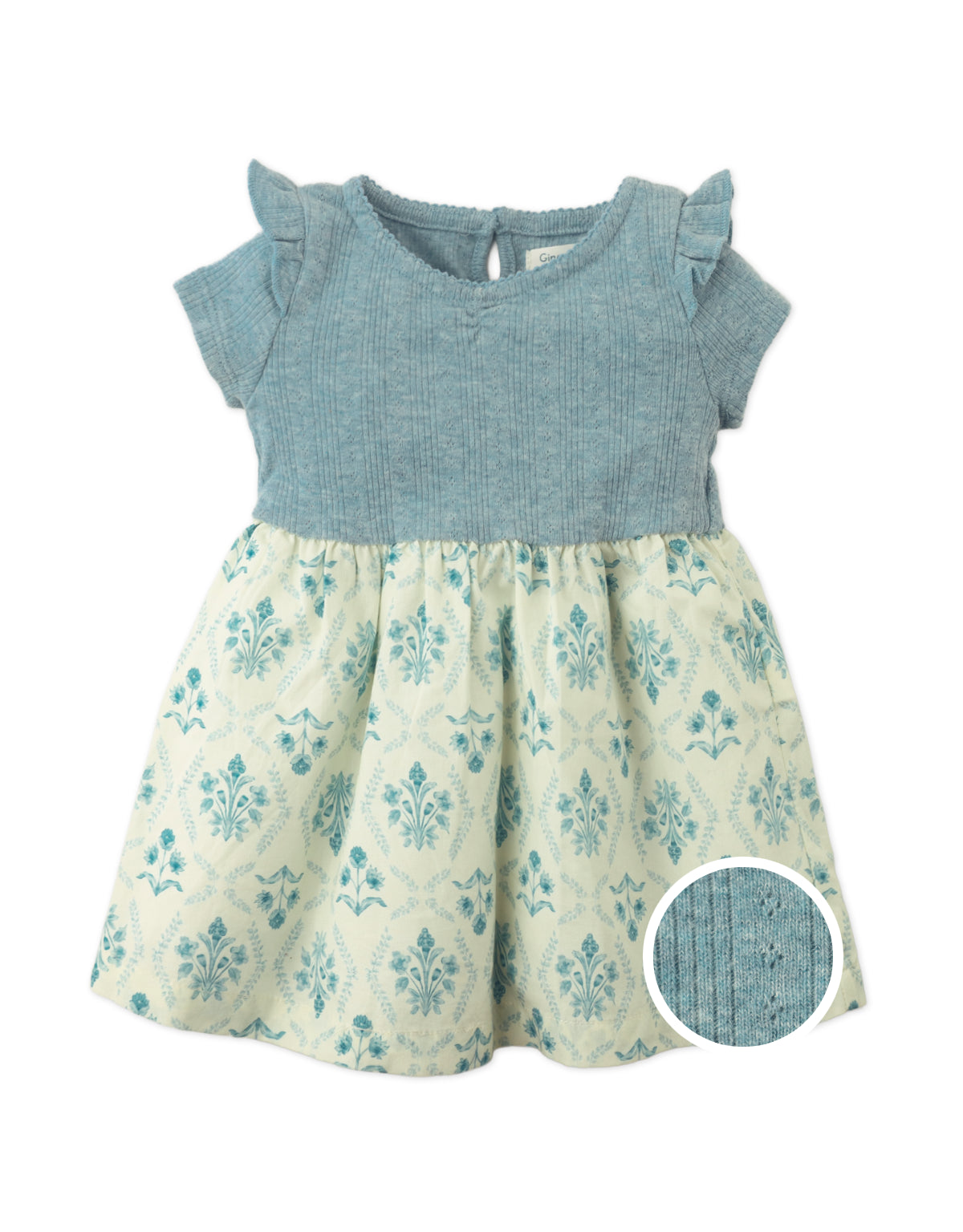 BABY JULIANA DRESS WITH DENIM POINTELLE BODICE AND PRINTED WOVEN SKIRT