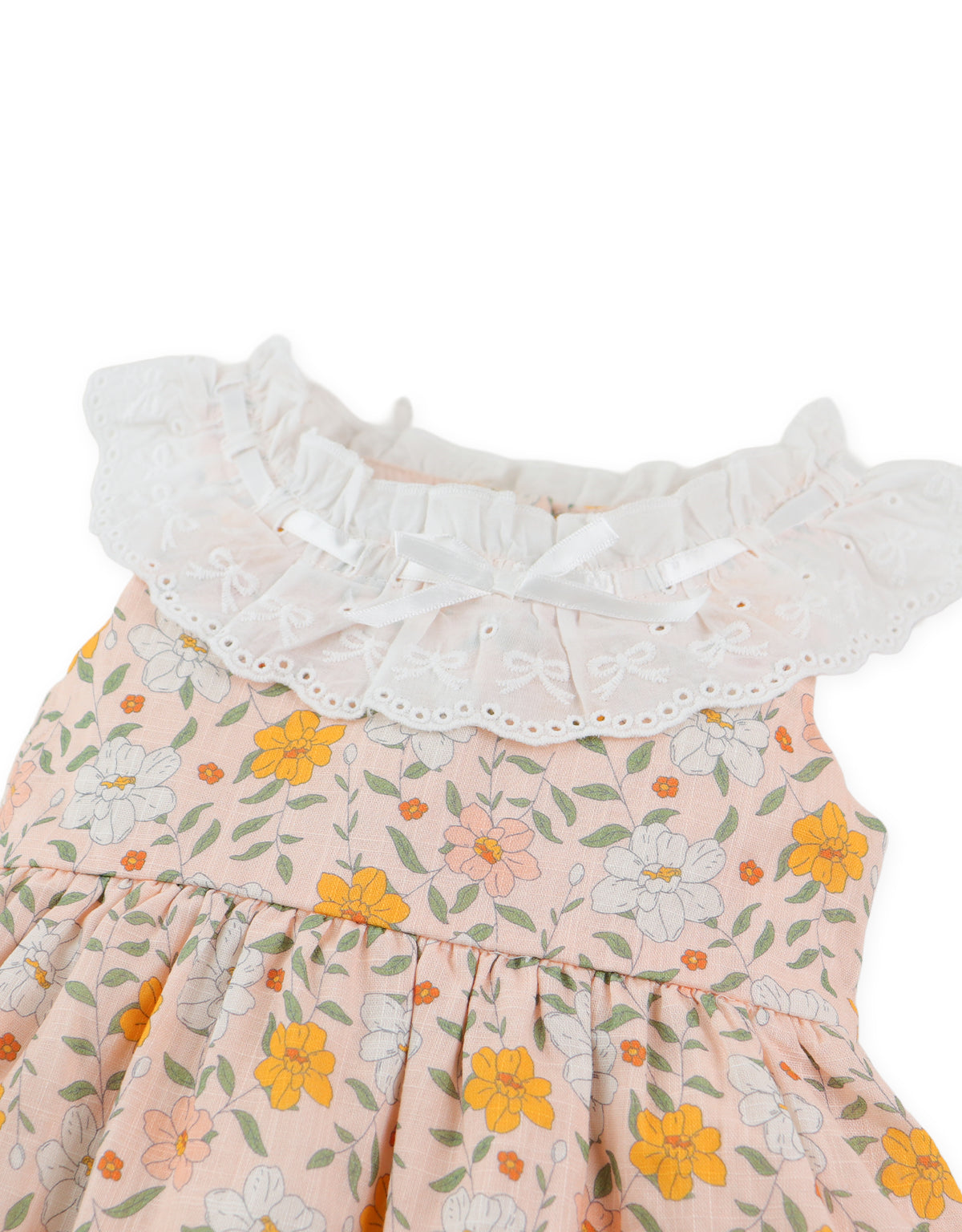 Close-up front detail of floral printed dress showing embroidered ruffle collar and sleeve stitching From Gingersnaps Floral Grace Collection