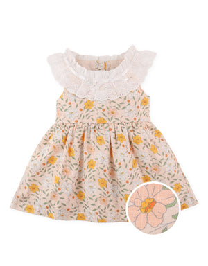 Full front view of floral printed dress with embroidered ruffle collar and puff sleeves showing delicate detailing From Gingersnaps Floral Grace Collection