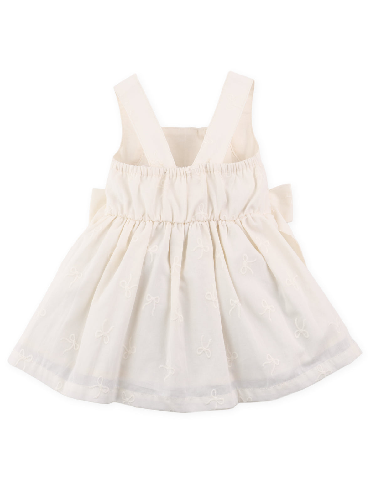 Full back view of smocked dress with tiny bow embroidery and large self-fabric bow at the back From Gingersnaps Floral Grace Collection