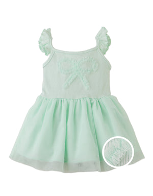 Full front photo of Baby Elara Drop-Waist Dress with tulle skirt in pastel green, from the Holiday collection of Filipino kids fashion brand Gingersnaps Philippines.