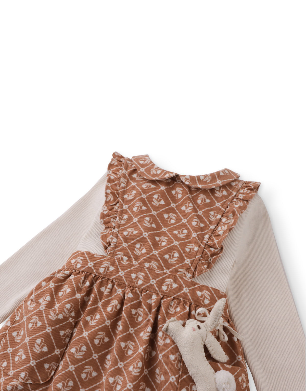 BABY SABRINA PINAFORE DRESS BROWNFIELDS WITH LONG SLEEVES INNER RIBBED TEE AND BUNNY PLUSHIE