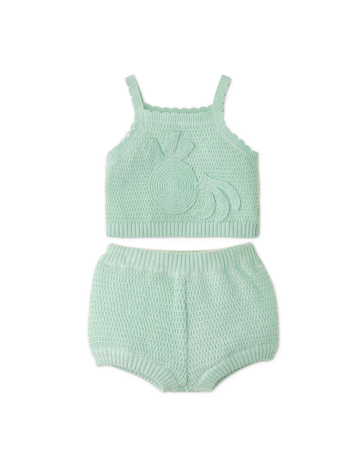 BABY GIRLS CROCHET-LIKE KNIT SHORTS SET WITH CROCHET FRUIT APPLIQUE