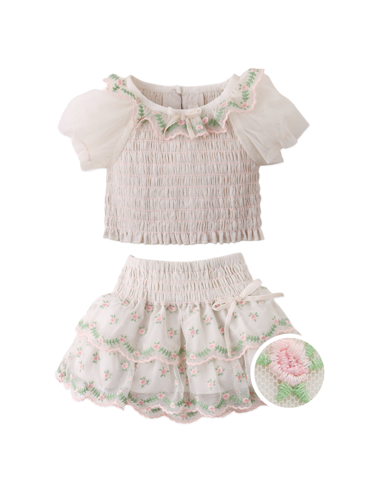 BABY VERONICA PUFF SLEEVES SMOCKED SKIRT SET WITH EMBROIDERY AND VELVET RIBBON
