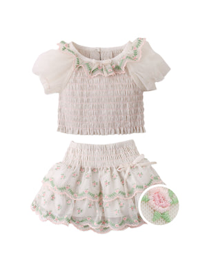 Baby Veronica Puff Sleeves Smocked Skirt Set With Embroidery And Velvet Ribbon product photo