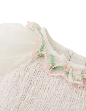 Baby Veronica Puff Sleeves Smocked Skirt Set With Embroidery And Velvet Ribbon front view