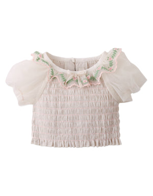 Baby Veronica Puff Sleeves Smocked Skirt Set With Embroidery And Velvet Ribbon style detail