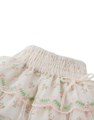 Baby Veronica Puff Sleeves Smocked Skirt Set With Embroidery And Velvet Ribbon close-up detail