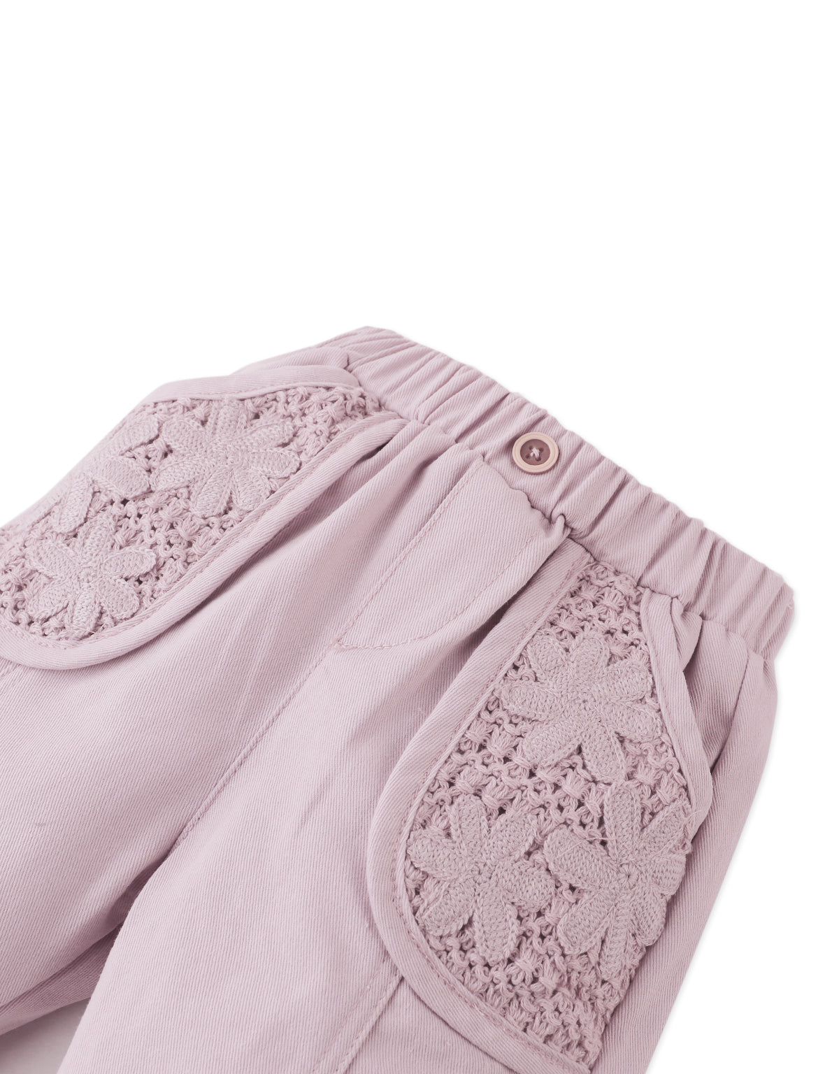 BABY MELODY SOFT TWILL PANTS WITH MESH POCKETS & CROCHET FLOWER APPLIQUES