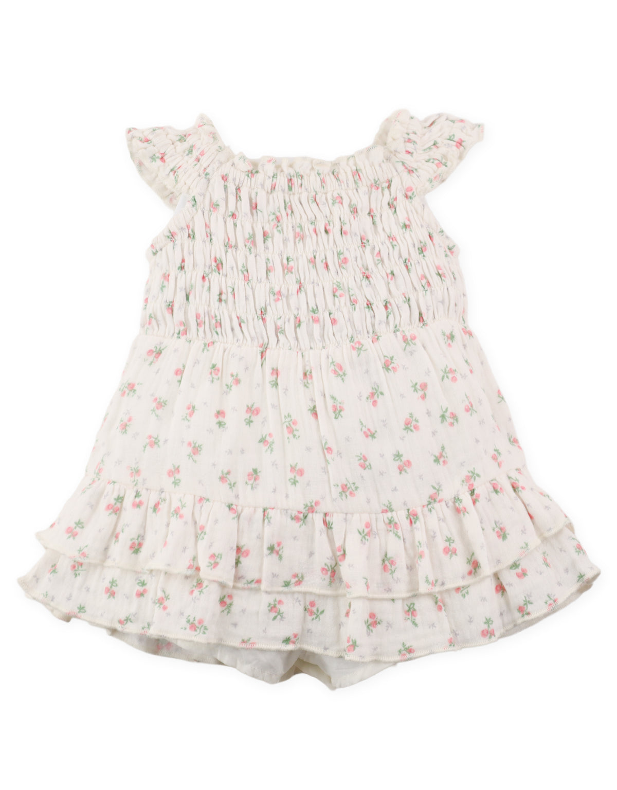 Full back view of floral printed smocked playsuit with ribbon tie accents and inner shorts From Gingersnaps Floral Grace Collection