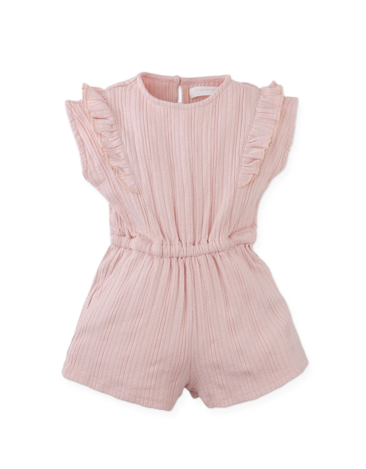 Details front photo of Baby Fleur Sleeveless Playsuit with ruffle details in pink, showing delicate ruffle trims and soft fabric texture, from the Holiday collection of Filipino kids fashion brand Gingersnaps Philippines.
