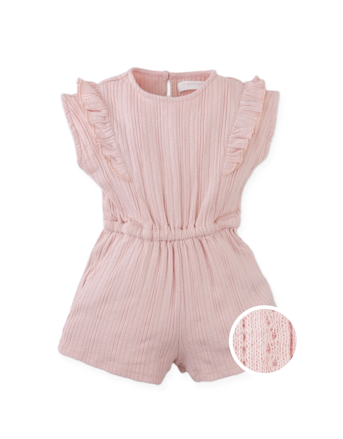 Full front photo of Baby Fleur Sleeveless Playsuit with ruffle details in pink, from the Holiday collection of Filipino kids fashion brand Gingersnaps Philippines.