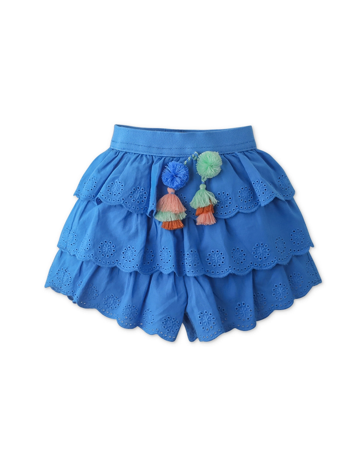 BABY GIRLS TIERED LACE SHORTS WITH POMPOMS AND TASSEL