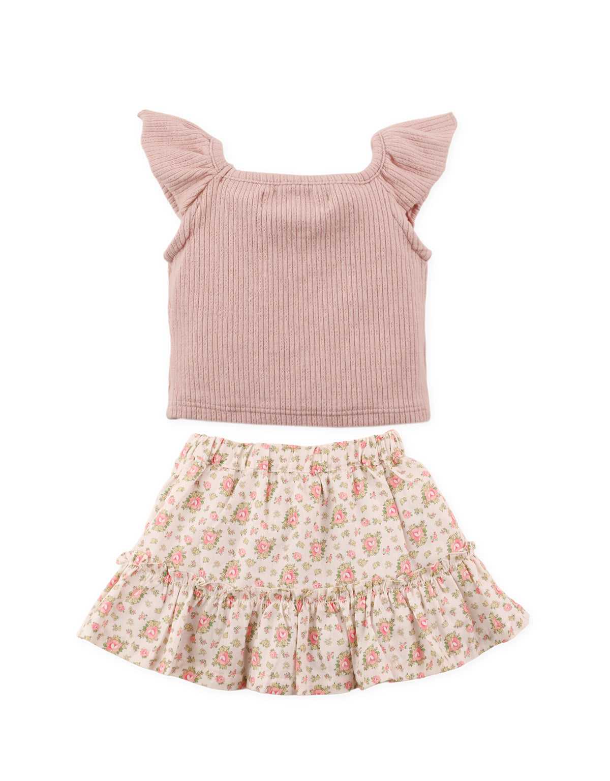 Full back view of pointelle jersey knit top with collar paired with floral printed skirt From Gingersnaps Floral Grace Collection