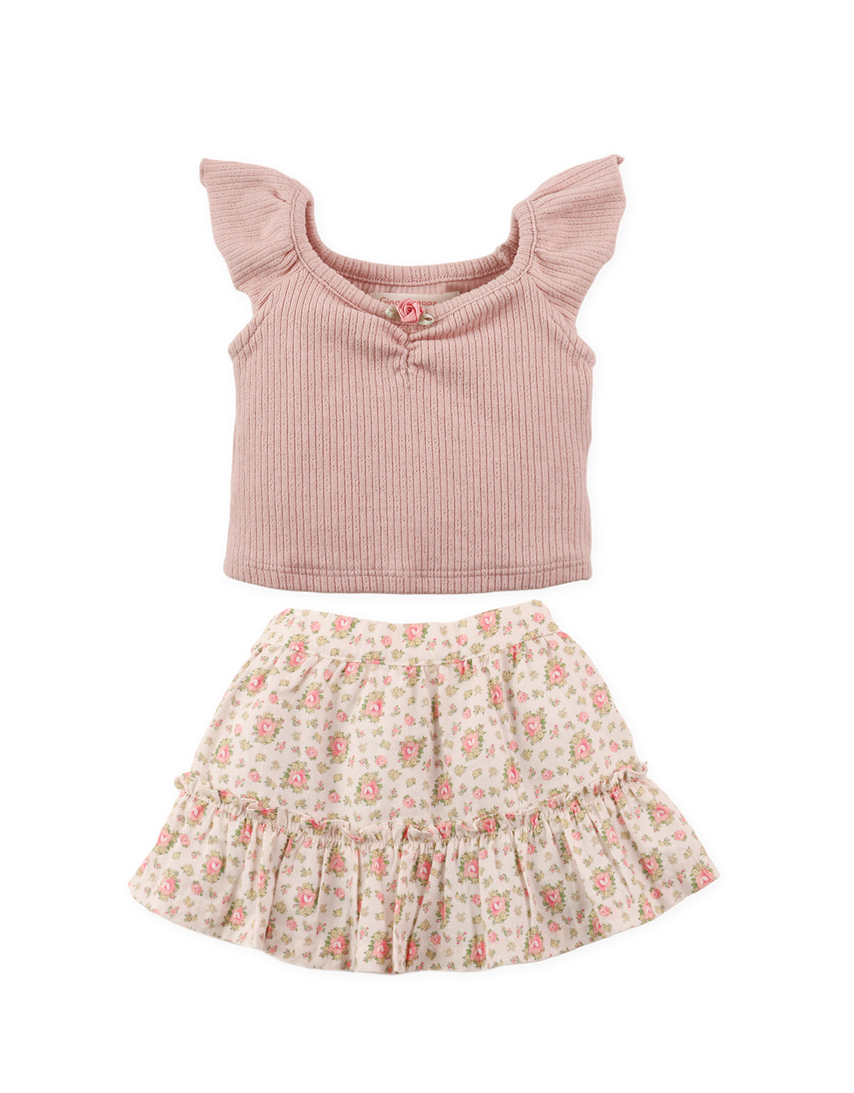 Full front view of pointelle knit jersey top with collar paired with floral printed skirt set From Gingersnaps Floral Grace Collection