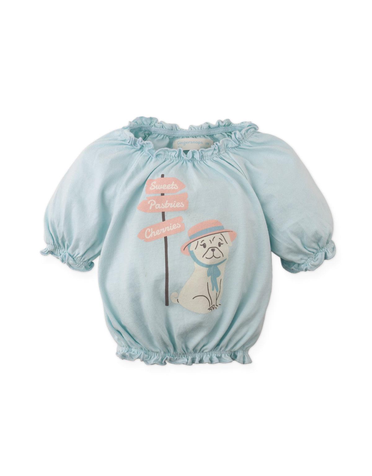 BABY MARU T-SHIRT WITH PUFF SLEEVES AND DOG GRAPHICS