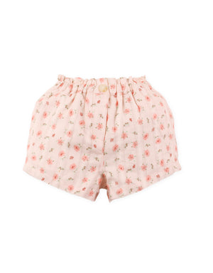 Close-up front detail of pointelle knit peplum top fabric and printed shorts From Gingersnaps Floral Grace Collection